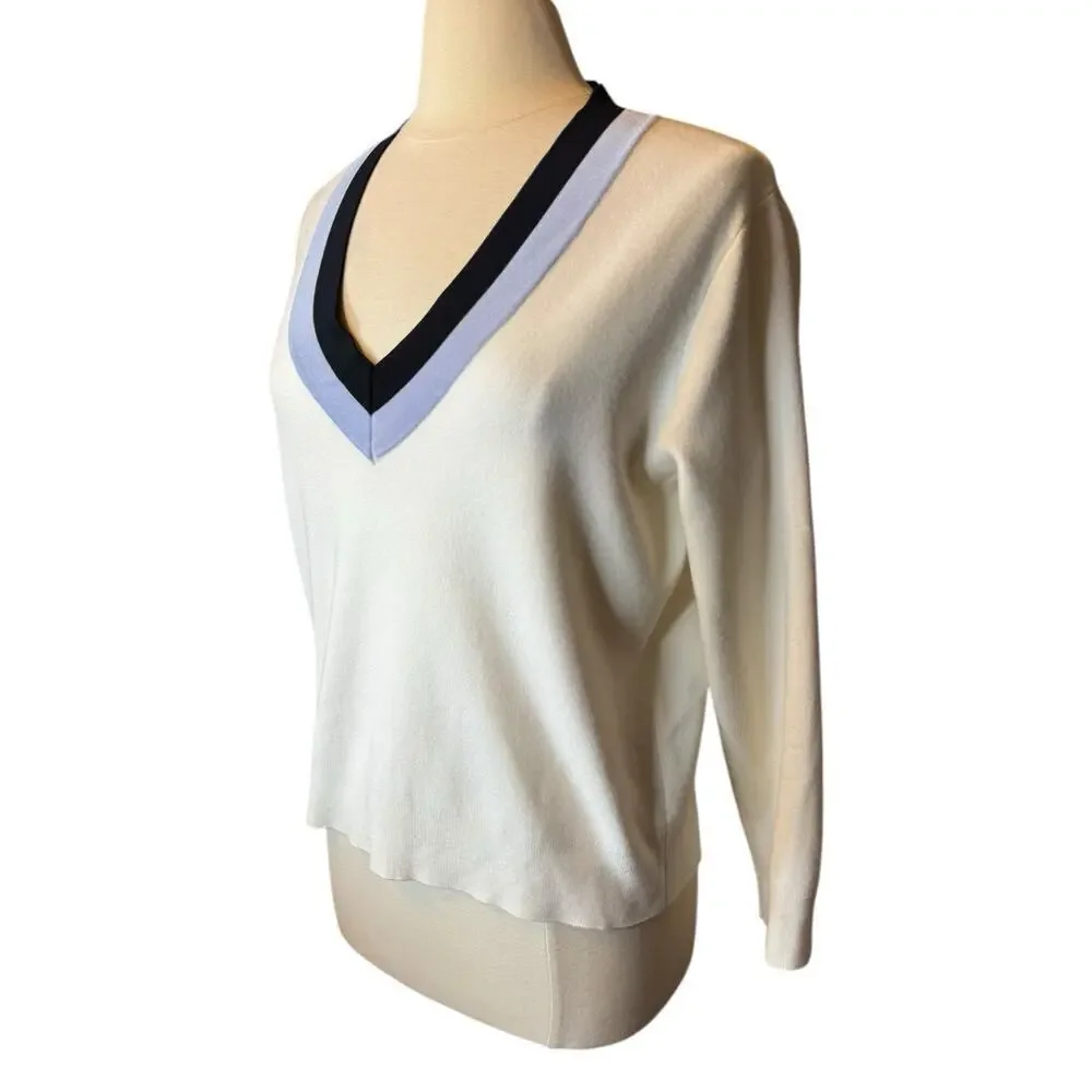 Mango NEW V Neck Varsity Sweater Medium Pullover Cream and Blue